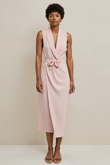 Pink Satin Shawl Lapel Sheath Long Work Dress with Bow